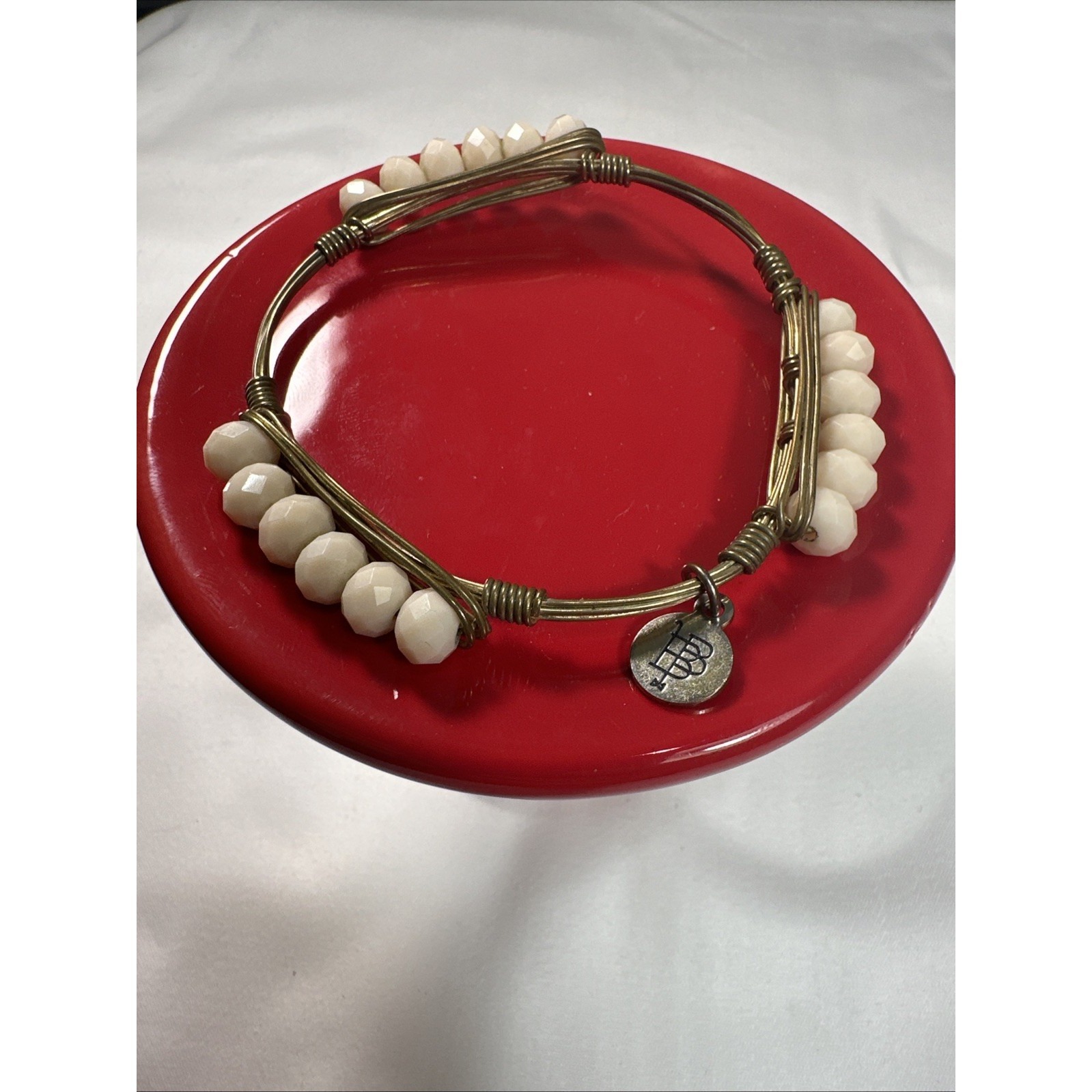 Vintage Designer Bourbon & Boweties Champagne Tone Beads Wire Bangle Bracelet